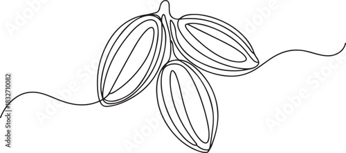 Continuous one line drawing whole healthy organic cocoa beans for plantation logo identity. Fresh cacao bean concept for chocolate drink shop icon. one line Icon drawing