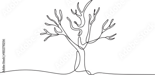 Winter tree Continuous one line drawing on on white background. Vector illustration. one line Icon drawing