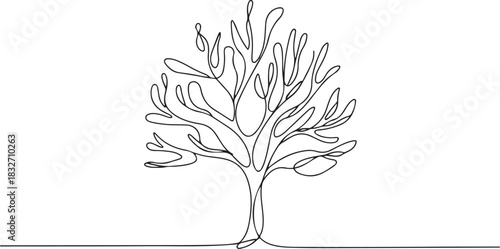 Winter tree Continuous one line drawing on on white background. Vector illustration. one line Icon drawing