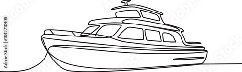 One continuous line drawing of passenger boat with roof. Vector illustration of one line drawing of passenger boat moored. one line Icon drawing