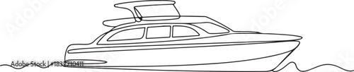 One continuous line drawing of passenger boat with roof. Vector illustration of one line drawing of passenger boat moored. one line Icon drawing