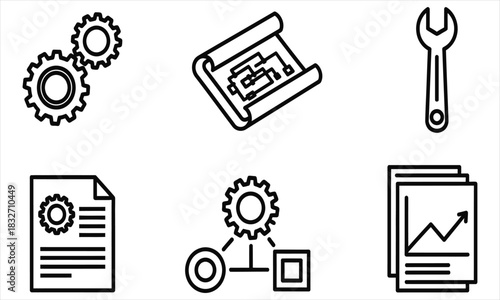 Set of graphic icons representing gears, blueprints, tools, documents, and charts for business and industry concepts