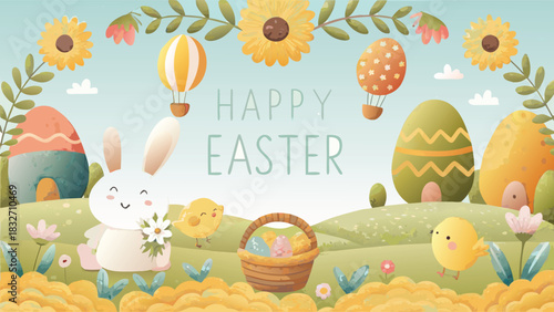Cute happy easter illustration with a bunny chicks decorated eggs hot air balloons and flowers in a whimsical landscape