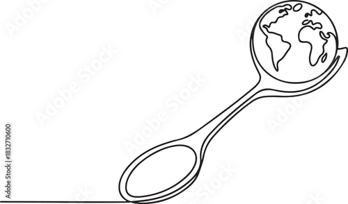Continuous one line drawing a spoon with a globe on the end. Supporting the formation of a more serious world food agency. Rise awareness. one line Icon drawing