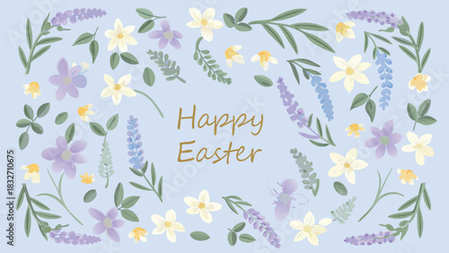 Elegant happy easter greeting card with a delicate floral border of lavender and spring flowers in soft pastel colors on a light blue background