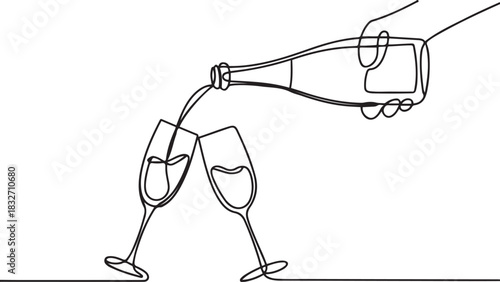 Continuous One line drawing of Prosecco glasses. The process of pouring champagne into a glasses. one line Icon drawing