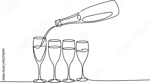 Continuous One line drawing of Prosecco glasses. The process of pouring champagne into a glasses. one line Icon drawing