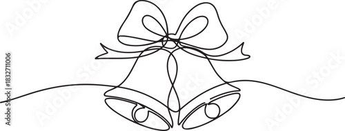 Continuous one line drawing of Christmas bells icon with bow. Illustration for postcard, greeting card decoration. one line Icon drawing