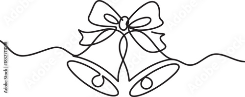 Continuous one line drawing of Christmas bells icon with bow. Illustration for postcard, greeting card decoration. one line Icon drawing