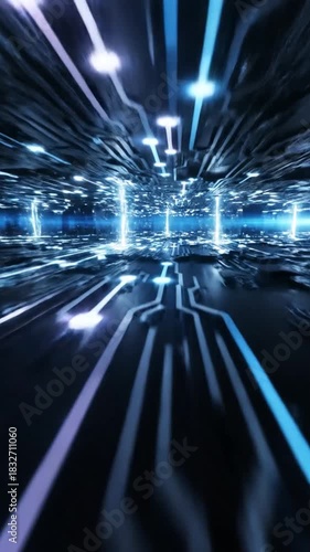 Abstract futuristic tunnel with bright light beam cyberpunk digital space or energy flow concept
