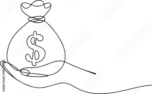dollar money bag continuous line drawing. Hand holding coin continuous one line drawing art. Dollar linear symbol. Savings money concept. one line Icon drawing
