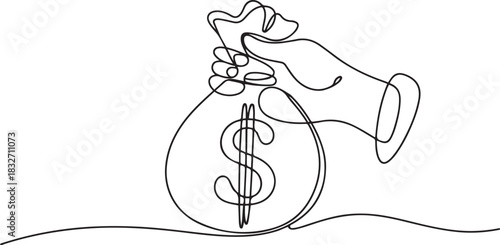dollar money bag continuous line drawing. Hand holding coin continuous one line drawing art. Dollar linear symbol. Savings money concept. one line Icon drawing