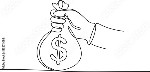 dollar money bag continuous line drawing. Hand holding coin continuous one line drawing art. Dollar linear symbol. Savings money concept. one line Icon drawing