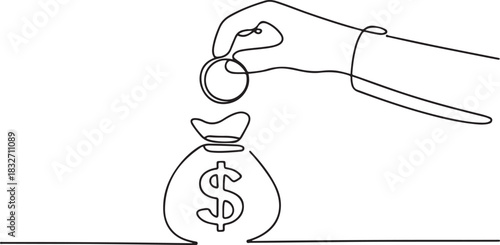 dollar money bag continuous line drawing. Hand holding coin continuous one line drawing art. Dollar linear symbol. Savings money concept. one line Icon drawing