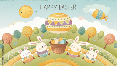 Happy easter illustration featuring cute bunnies a hot air balloon filled with colorful eggs and a whimsical landscape with trees and clouds