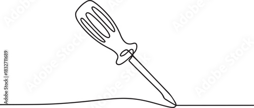 Continuous one line drawing of a flathead screwdriver. Minimalist outline sketch representing hand tool, DIY, repair, maintenance. one line Icon drawing