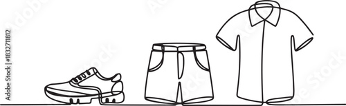 continuous line one set of clothes.one line drawing of shoes, shorts and shirt. single line vector illustration. one line Icon drawing