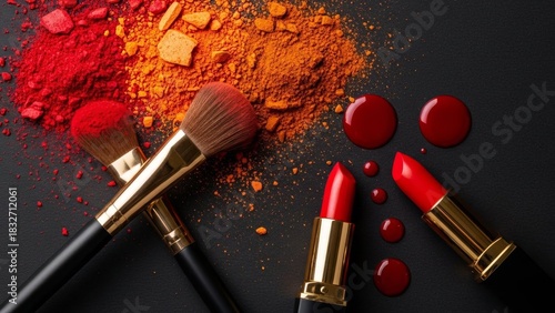 Vibrant Makeup Still Life - Brushes, Lipsticks, and Pigments.