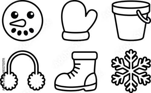 Collection of Winter Icons: Snowman, Mitten, Bucket, Earmuffs, Boot, Snowflake