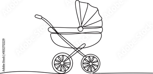 One continuous line drawing of baby stroller. Outline drawing of baby carriage, classic style pram for winter walk. Editable stroke. one line Icon drawing