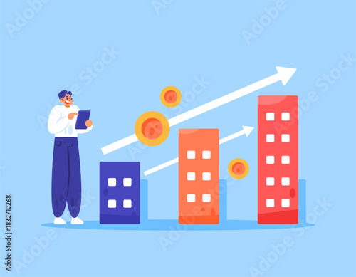Business development concept. Finance and growth. Illustration of a businessman or entrepreneur with a report on a company that continues to grow and develop. Flat design style. blue background.