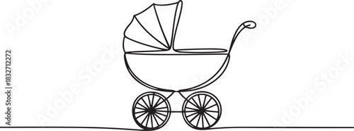 One continuous line drawing of baby stroller. Outline drawing of baby carriage, classic style pram for winter walk. Editable stroke. one line Icon drawing