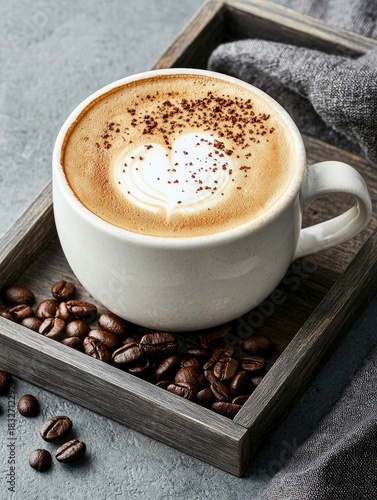 Close-up of a cup of latte art coffee with coffee beans and a cloth on a wooden tray.