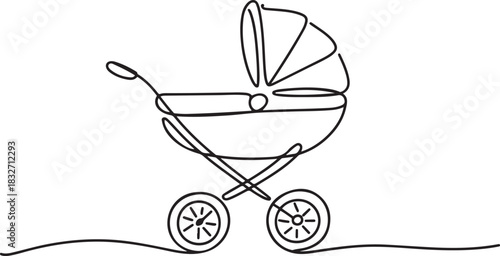 One continuous line drawing of baby stroller. Outline drawing of baby carriage, classic style pram for winter walk. Editable stroke. one line Icon drawing