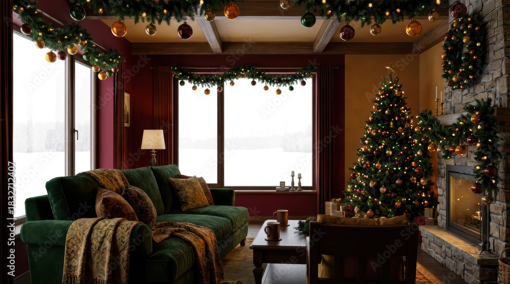 Naklejka premium A cozy festive living room interior adorned with Christmas decorations a lit tree fireplace and comfortable seating illuminated by warm ambient light and transparent window.