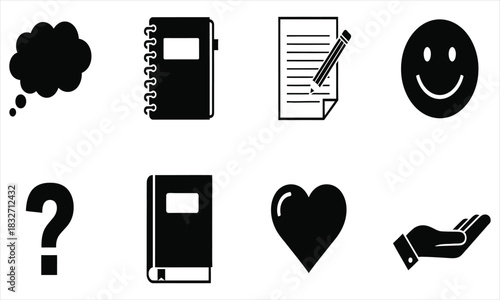 Diverse collection of universal black and white vector icons representing communication, information, emotion, and common concepts for digital interface and graphic design projects