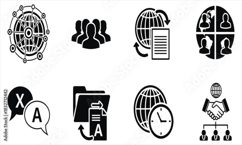 Set of monochrome glyph icons for global business, technology, translation services, and international corporate networking