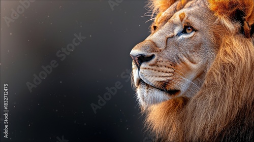 A majestic lion is captured in a close-up profile portrait against a dark background, illuminated by warm, golden lighting.