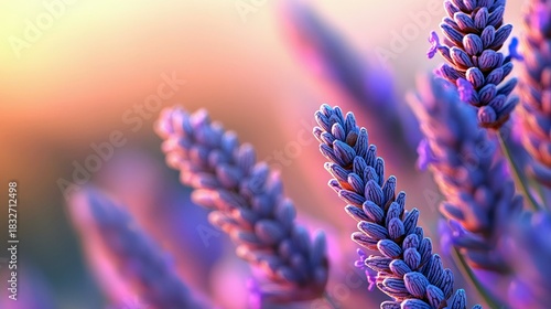 Close-up of lavender flowers blooming, with a soft focus background and warm sunset lighting.