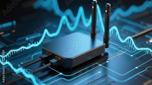 Low latency network concept. Sleek Black Router with Dual Antennas Ensures Low Latency Network Connectivity on Digital Interface Technology