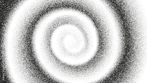 A dotted grainy gradient spiral. Vector gritty vortex with optical illusion. Tunnel with black stipple texture effect. Swirl of gritty pattern made by black dots, points or particles with stipple effe
