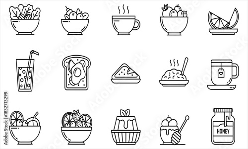 Versatile collection of linear vector icons featuring a variety of healthy breakfast, lunch, and snack options. Perfect for diet, restaurant, or healthy lifestyle app designs and website interfaces