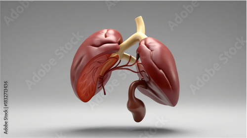This is a 3D anatomical illustration showcasing the human respiratory system and associated thoracic organs. The image prominently features the two lungs (colored reddish-brown) connected to the trach