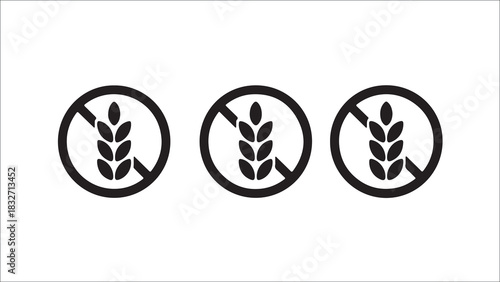 Three circular icons with a wheat stalk and a prohibition symbol, in green, yellow, and black, representing gluten-free.