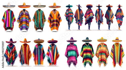 A vibrant collection of traditional Mexican ponchos and sombreros featuring colorful woven patterns and cultural festival attire ideal for design and decoration.