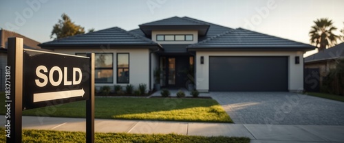 Capture the excitement of a successful home sale! Modern house with 'SOLD' sign evokes feelings of achievement and new beginnings, ideal for real estate campaigns.
