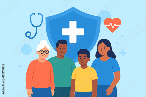 This is an illustration depicting a diverse family group—including an older woman, a man, a woman, and a child—standing together. Behind them is a large blue shield featuring a white cross, symbolizin