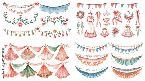 A delicate collection of festive garlands and banners featuring floral details, soft colors, and decorative elements suitable for celebration themes and creative design.