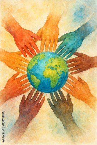 This is an artistic, watercolor-style illustration depicting many hands of diverse skin tones reaching inward to touch a central Earth globe. The circular arrangement of hands, painted in warm, 