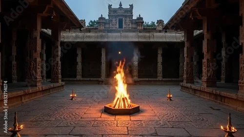 Holika Dahan Festival Scene with Sacred Fire During Chhoti Holi at Ancient Temple Courtyard