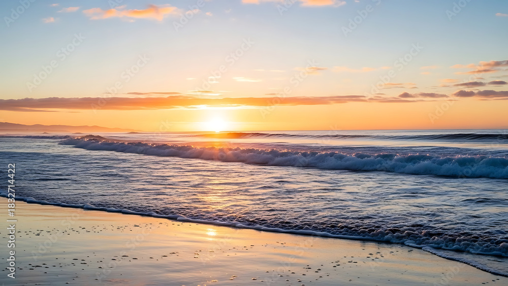 Fototapeta premium Golden hour sunset over ocean waves washing onto a sandy beach shore