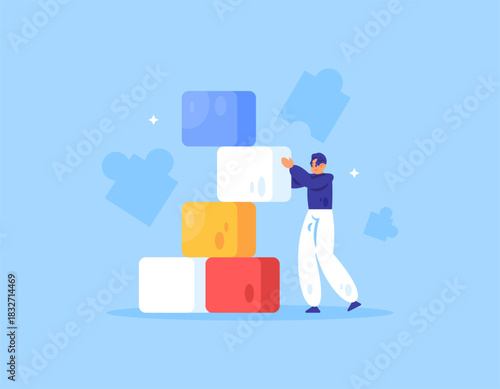 Illustration of a man stacking blocks. Building, developing, and completing projects. Solving problems and growing. Illustration concept or metaphor. Flat style design. Blue background.