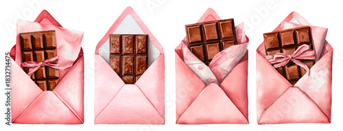 Pink envelopes delivering ribbon wrapped chocolate bars and sweet messages in watercolor style, romantic valentine illustration with transparent background, love and gift concept
