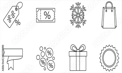 Collection of Discount and Sale Icons Featuring Tags, Coupons, Snowflakes, Shopping Bags, Ribbons, Gift Boxes, and Badges