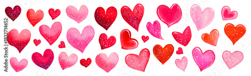 Watercolor hearts forming a decorative border, representing love, romance, affection, and celebration, ideal for valentine's day designs with a transparent background
