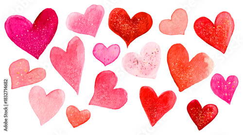 Watercolor hearts in various shades of pink and red, creating a vibrant pattern for romantic themes, love concepts, and valentine's day celebrations, on a transparent background